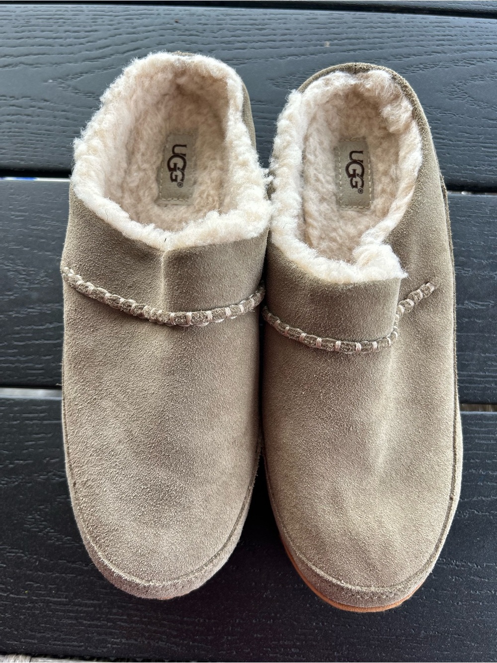 UGG Taupe Suede Shearling-Lined Slip-On Wedge Clogs